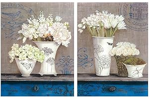 DCINE Cuadros de madera de flores decoración tonos azules Set de 2 Unidades de 19 cm x 25 cm x 4 mm unid. Adhesivo FÁCIL COLGADO. Adorno decorativo. Decoración pared hogar