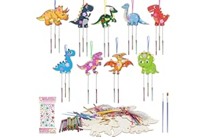 Meanju Dinosaurier Holz Bastelset 10 Stück, Windspiel Bastelset Kinder, Windspiel Basteln Kinder mit Pinsel/Edelsteinaufkleber, WINdspiel aus Holz Basteln, DIY KINder Malen Handwerk