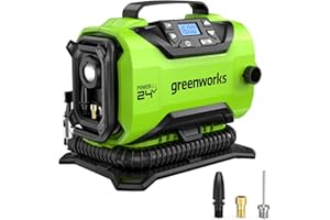GREENWORKS TOOLS Greenworks G24IN Akku Luftpumpe, 11 Bar, Nieder- oder Hochdruck, automatische Abschaltung mit 3 Adaptern und 0,5m Schlauch OHNE 24V Akku und Ladegerät, 3 Jahre Garantie