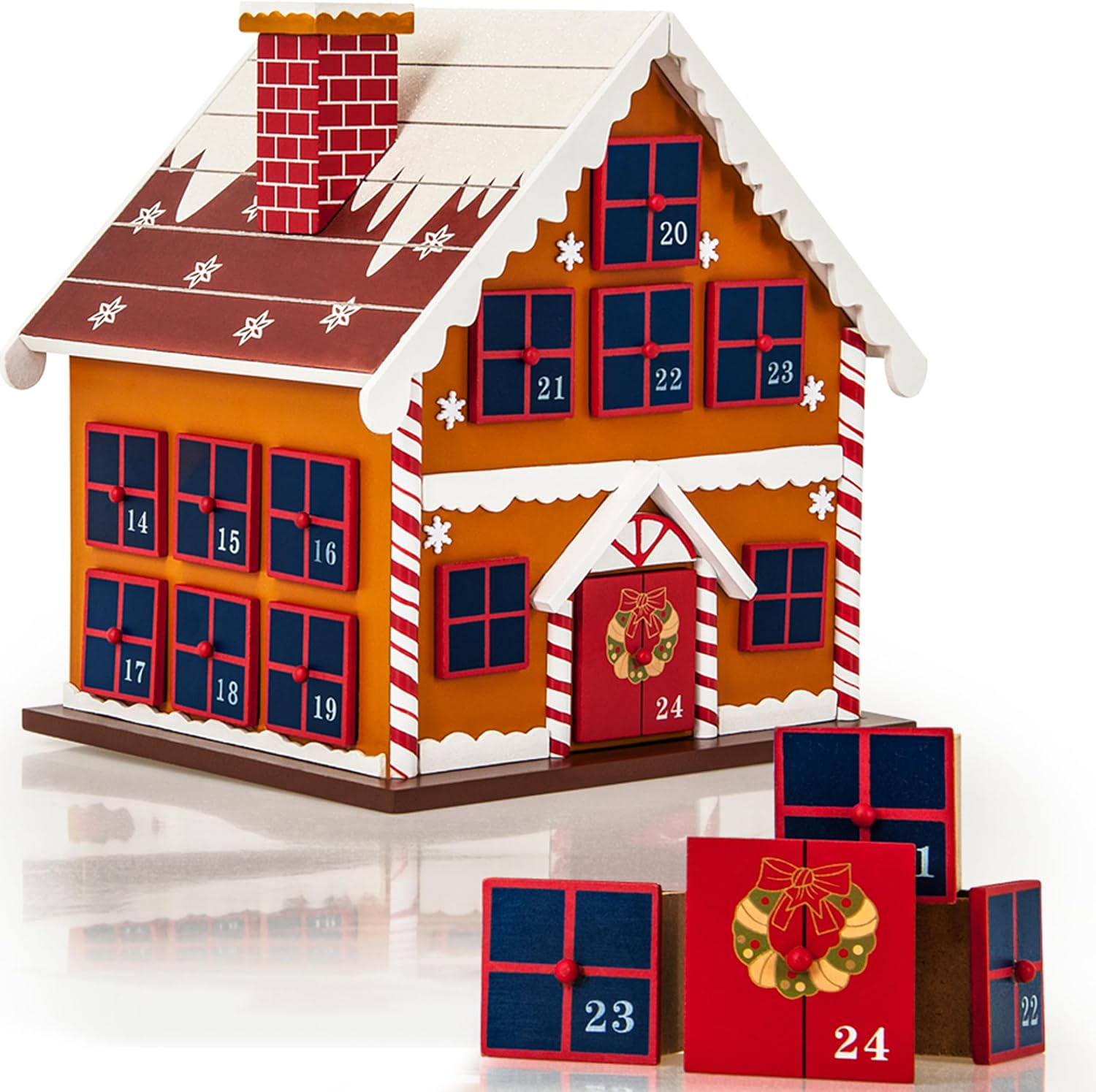Spielwerk® Calendario de Adviento Madera Casita Jengibre 24 Cajoncitos Rellenable Chuches Vacio Reutilizable Adorno Decoración Navidad 2025 Personalizable