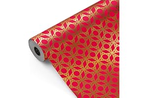 Bobina papel de regalo, rollo grande 62cm x 100m •GEOMETRICO ESTRELLAS ROJO Y ORO• Ideal para: Tiendas Negocios Comercios Envolver regalos Cumpleaños Baby Shower Bodas Decoración [FP Fiesta Paper]