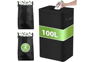 DIDAINT 100L Pfandflaschen Sammelbehälter, Flaschensammler Leergut mit Deckel & 2 Tragetasche, Pfandflaschen Behälter Pfandbehälter mit Loch, Schwarz