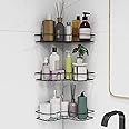 Plantex Corner Shelf for Bathroom/Self Adhesive Shelf for Kitchen/Living Room Wall Mounted Shelf - Premium Bathroom Accessories (Black, Alloy Steel) - Pack of 3