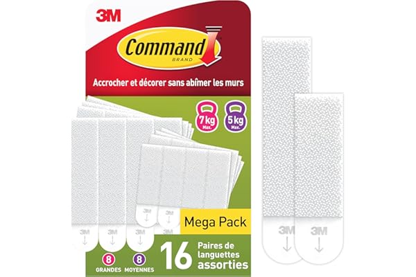 Command Languettes Accroches Tableaux Moyen et Grand Modèles, Blanc, 8 x 2 L + 8 X 2 M, 32 Languettes - Fixation sans Dommage