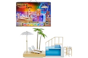 Rainbow High Pacific Coast Colour Change Pool & Beach Club Playset-with LED Lights, Deck, & Palm Trees-for Fashion Dolls-Includes Chairs, Drinks, & More-Gift & Collectable for Kids Ages 6+