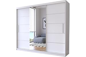 Fabryka Mebli Idźczak Schwebetürenschrank Alba 250 cm, mit Spiegel, Kleiderschrank mit Kleiderstange und Einlegeboden, Schlafzimmerschrank, Schiebetüren, Modern Design (Weiß)