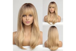 HAIRCUBE Lang Blonde Perücken für Frauen, Gerade Perücken mit Bangs, Synthetisches Geschichtetes Haar Perücke mit Dunklen Wurzeln