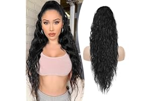 RUWISS Postiche Queue de Cheval Cordon de Serrage Extension de Cheveux Longue Bouclé Ondulée Ponytail Postiche Extension Cheveux Synthétique Naturel Rajout Cheveux pour Femmes 65cm,Noir Naturel