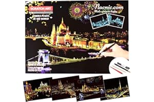 NACNIC Dibujos para rascar. Venecia Berlin Budapest Colonia. Láminas con fondo colorido para rascar. Scratch Painting. Manualidad rascar Serie ciudades.Hojas de rascar. Sets de 4 hojas de 40.5*28.5cm