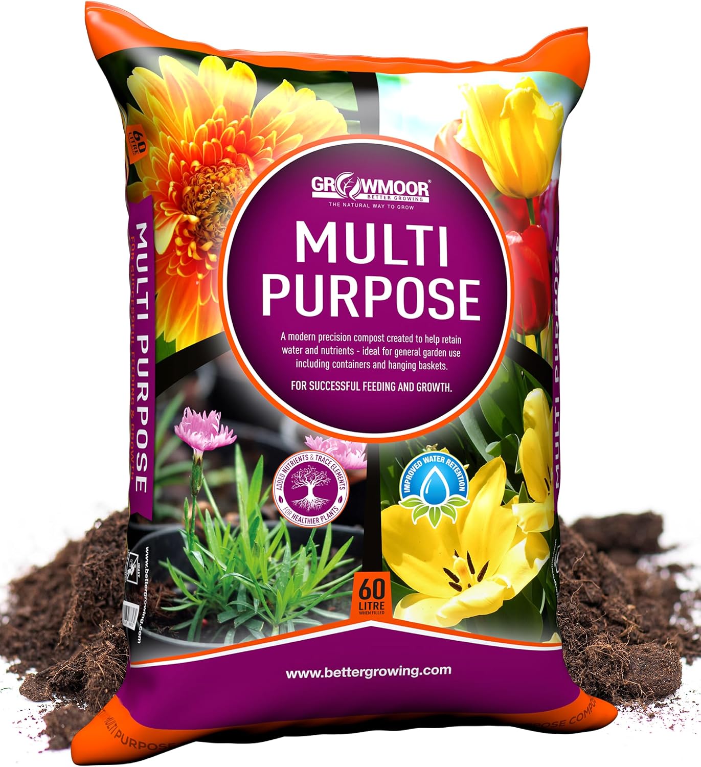 Growmoor Multi-Purpose Compost for Use All Around the Garden – Promotes Healthy Growth, Vibrant Flowers & Strong Roots – 60L