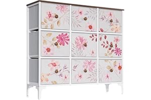 LYNCOHOME Cajonera rosa con 9 cajones de tela, mueble de almacenamiento con marco de metal y parte superior de madera para dormitorio, sala de estar, guardería, armario