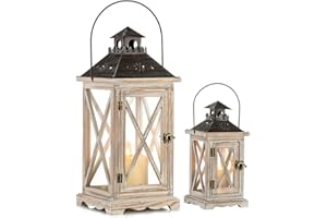 Romadedi Farolillos Vela Madera Grandes - Faroles 48 cm / 28cm XXL Vintage Portavelas Decorativo Navidad Decoración para Hogar Jardin Mesa Rustica, Natural