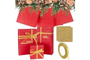 BHGT 3 Fogli di Carta da Regalo Natalizia Rosso Oro Adesivi Lettere Alfabeto Carta da Imballaggio Fiori Bouquet Confezione Scatole Regalo Natale Pacchi Compleanno Nastro Dorato