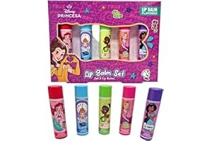 CORSAIR TOILETRIES Disney Princess Lip Balm Set – 5 Flavored Lip Balms for Kids – Cherry, Sugar, Apple, Strawberry & Grape – Ariel, Cinderella, Tiana, Rapunzel & Jasmine – Fun Moisturizing Lip Care Gift Set for Girls