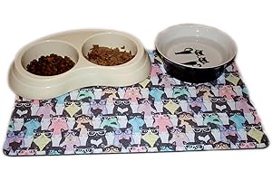 DEAD SET STUDIO Feeding Mat for Cats, Premium Non Slip Cat Food Water Floor Mat, Washable Surface Pet Bowl Mats, Various Designs for Cats - Hipster Kitties