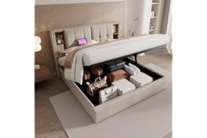 MYBOO Upholstered Ottoman Bed, 5ft King Size Bed Frame with Storage and USB Tyep-C Wireless Charging, Linen Fabric Ottoman Lift Up Upholstered Bed with Storage Headboard and Slats, No Mattress, Natural