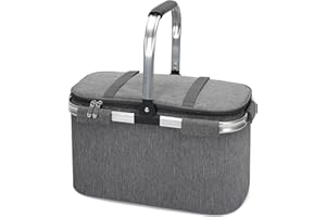 HAPPYPICNIC Auslaufsicherer Picknickkühlkorb mit wasserdichter Stranddecke, isolierte 21-l-Einkaufstasche mit großer Kapazität, tragbarer Griff aus Aluminiumlegierung für Camping Camping Grey