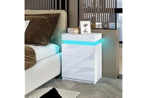 Senvoziii RGB LED Nachttisch Kommode Hochglanz mit 3 Schubladen Nachtschrank Beistelltisch für Schlafzimmer Wohnzimmer Wohnmöbel - Weiß