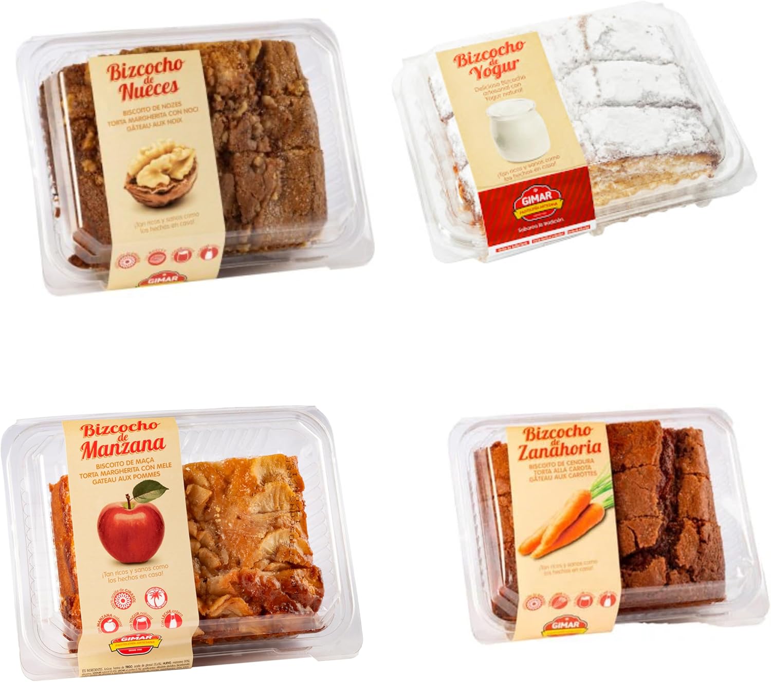 Bizcochos Surtidos Gimar Pack 4 Bizcochos: Bizcocho Nueces - Bizcocho Zanahoria - Bizcocho Manzana - Bizcocho Yogurt - Pack de 4 Bizcochos.