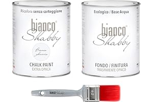 BIANCO SHABBY CHALK PAINT Bianco Ghiaccio & FINITURA + PENNELLO - Pittura Shabby Chic EXTRA OPACA (1 Litro) + Finitura Trasparente Opaco (1 Litro) + 1 Pennello Pro 40 mm