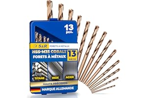S&R Forets à Métaux HSS Cobalt 1-6,5 mm, angle 135 °. Set 13 Forets Acier Cobalt HSS DIN 338 Coffret métal. Qualité Professionnelle