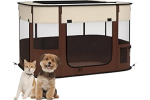 PawHut Dog Pen, Pet Playpen, Portable Foldable Dog Cat Playpen Soft Pet Cage with Storage Bag for Puppies, Rabbits, Kittens, Guinea Pigs, 84 x 64 x 53cm - Brown