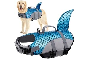 PUMYPOREITY Salvagente per Cani, Cappottino di Salvataggio Cani Giubbotto di Galleggiamento Costume da Bagno Cuccioli Ripstop Lifesaver Dog Vest Life Jacket Pinna di Squalo per Nuoto, Surf, Conottaggio(Blu, XXL)