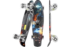 WeSkate Mini Cruiser Skateboard Tavola Completa retrò 22"55cm Tavola da Skate Vintage con Bordo in Plastica Cruiser Tavola con PU Ruota Flash Cuscinetto ABEC-7per Adulti Bambini Ragazzi Ragazze