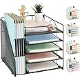 AUPSEN Desk Organizer with File Holder, 5 Trays Paper Letter Tray Organizer, Mesh Desk Organizers and Accessories for Home Office (Black)
