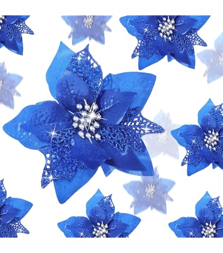 8 Fiori Artificiali Glitterati Stella Di Natale Bianchi Con Clip | Decorazione Albero, Ghirlande E Centrotavola 13cm