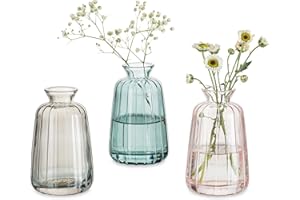 GLASSEAM Jarrones de cristal para flores, pequeño para decoración de mesa, 3 brotes de colores vintage, juego de mini acanalados para sala de estar y dormitorio