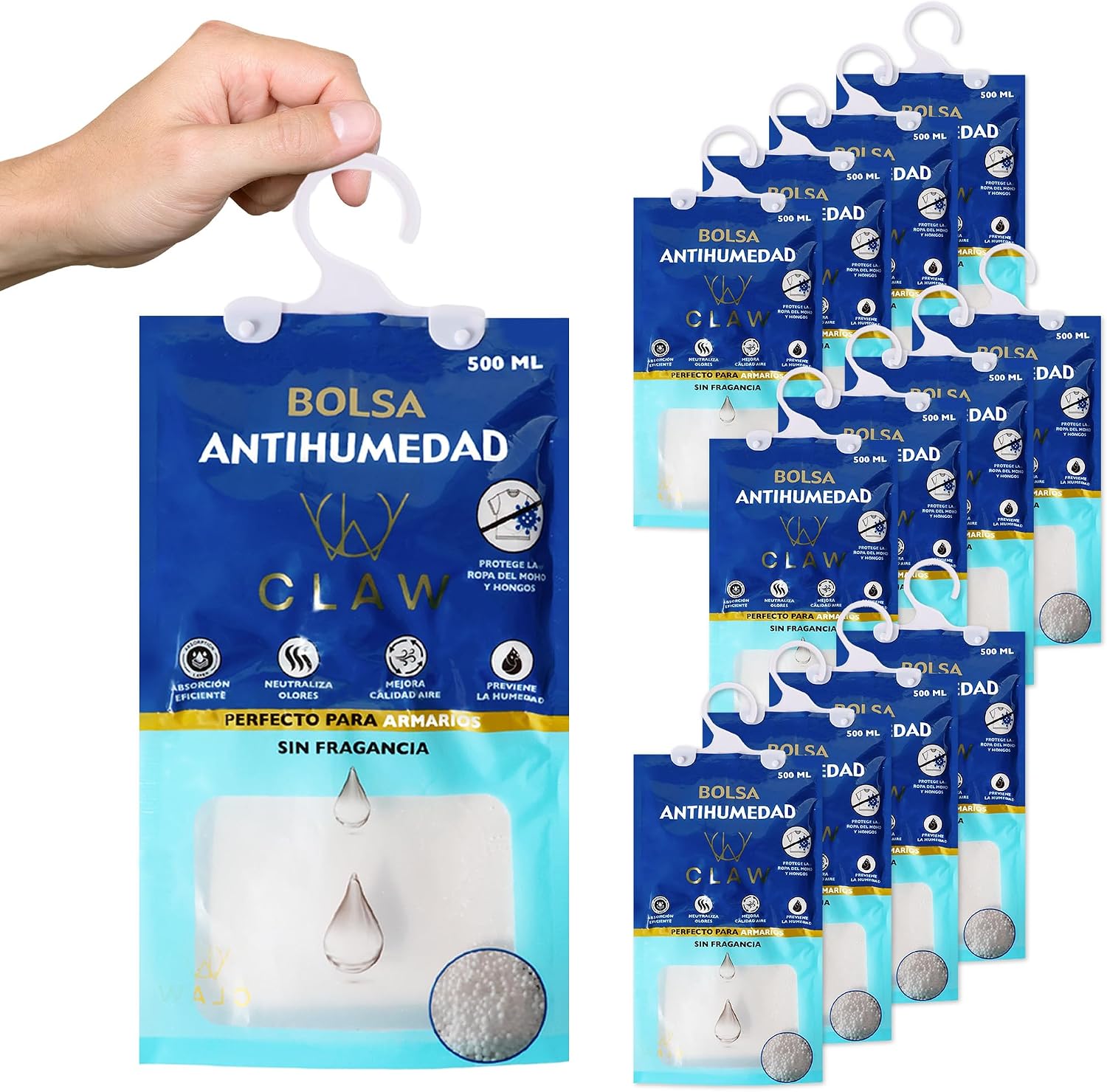 Pack de 24 Bolsas Antihumedad 2.4KG Armario Ropa – Deshumificador Percha Colgante Garaje – Elimina malos Olores - Absorbente Humedad Trastero (24)
