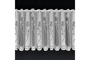 kellyuk White Kitchen / Bathroom Cafe Net Curtain With Scalloped Hem & Floral Panel Design - 2 Metre Wide x 12' (30cm) Drop