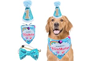 BIPY Blue Dog 1st Birthday Hat、Bandana and Bowtie for Boys Small Medium Dogs Cats happy birthday hat Doggy Party Supplies Adjustable Pet Collar Bowtie Celebration Pet Birthday Neckerchief Set