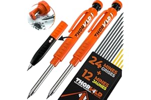 THORVALD 2 Crayon Chantier PRO EXTENSIBLE (+ 38 MINE Multi-Supports + Taille Mine + Grip Easy-write) Porte Mine pour Menuisier, Bricolage, Dessin, Tracer sur Bois, Metal, Béton, Carrelage