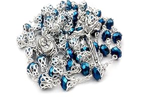 Nazareth Store Głębokie niebieskie kryształowe koraliki różaniec katolicki naszyjnik metalowe czapki Święta Maryja ziemia centralny medal krzyż krucyfiks w aksamitnej torbie modlitwa Rosarios