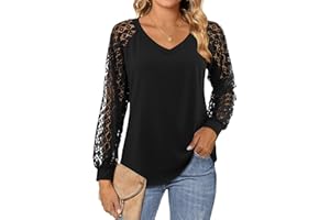 Beluring Womens Lace Long Sleeve Tops Plain V Neck T Shirts Loose Casual Blouse Dressy Tunic Shirt