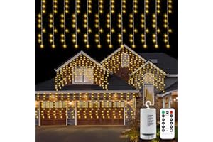 CCILAND Christmas Battery Icicle Lights Curtain String Fairy Light Outdoor with Remote - 4m x 1m 200 LED Warm White Waterproof Window Light with Timer 8 Mode Dimmable for Eave Bedroom Gazebo Wall Party Decor