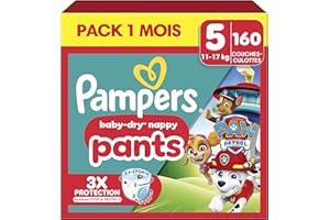 Pampers Baby-Dry Pants, Taille 5, 160 Couches-Culottes, 12-17kg, Maintien 360° et Poche Stop & Protect à La Rescousse Contre Les Fuites, Edition Limitée avec La Pat’Patrouille, Pack 1 Mois