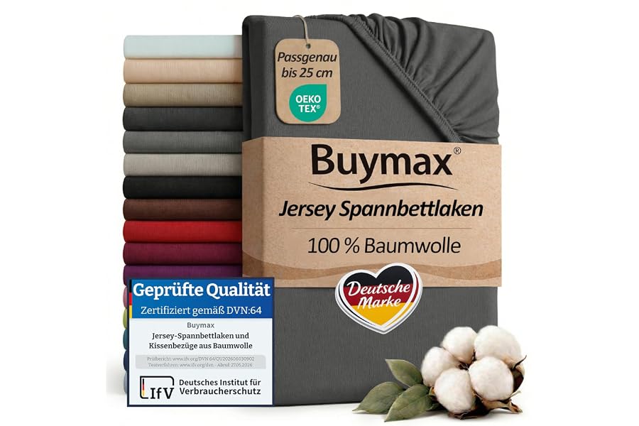 Buymax Spannbettlaken 140x200cm Baumwolle 100% Spannbetttuch Bettlaken Jersey, Matratzenhöhe bis 25 cm, Farbe Anthrazit ÖKO TEX Standard