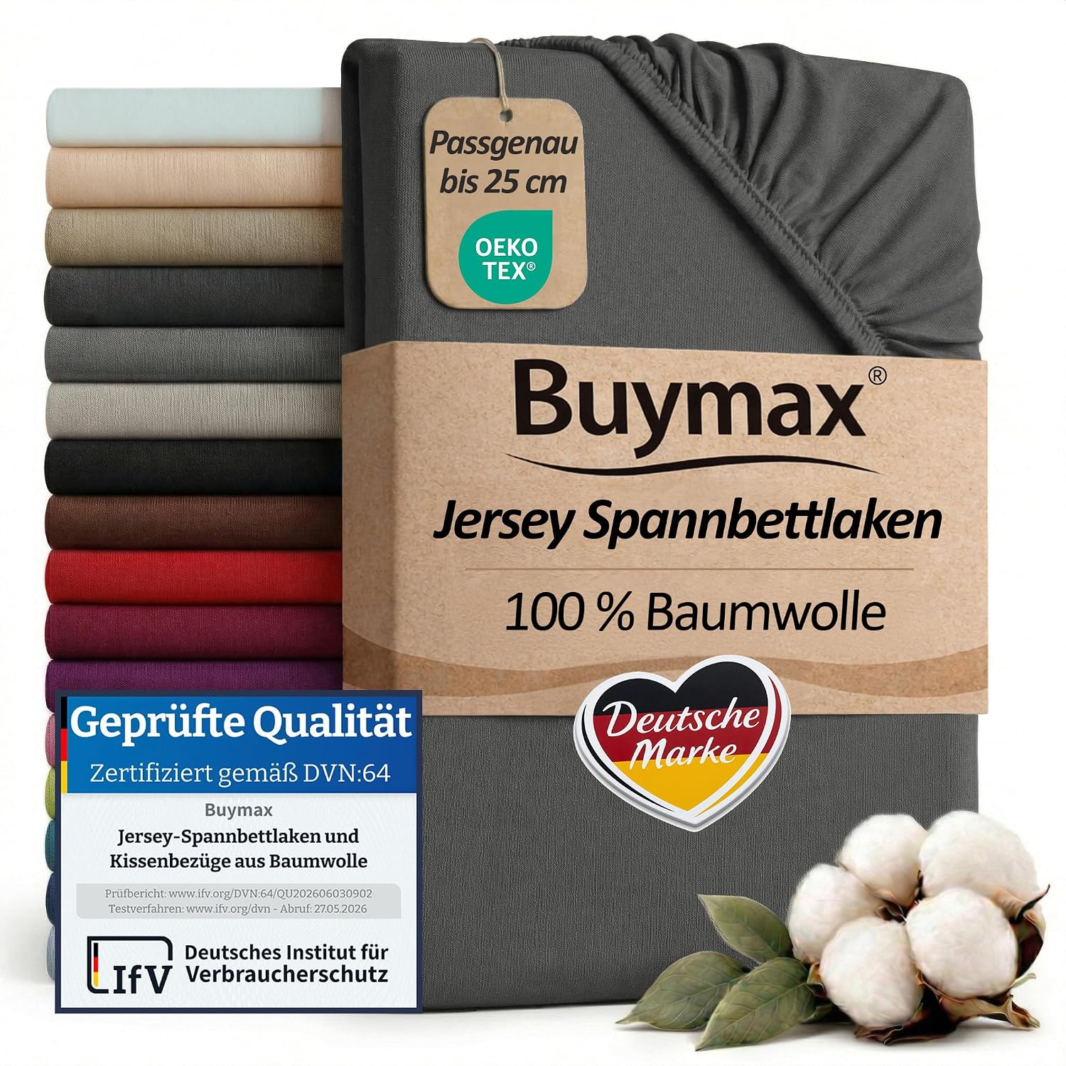 Buymax Spannbettlaken 90x200cm Baumwolle 100% Spannbetttuch Bettlaken Jersey, Matratzenhöhe bis 25 cm, Farbe Anthrazit