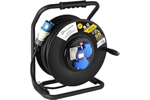 Electraline 49059 Prolunga in Gomma 3G2.5 mm² con Avvolgicavo, 2 Prese Industriali IEC e 1 Schuko Spina a 3 Poli Adatto per Camper, Campeggio, Caravan, Barca, Cantiere, Nero, 40 m