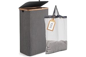 Rieeyrslza 100L Bambusowy Składany Kosz na Pranie Kosz do Przechowywania z Osłoną Kosz na Ubrania Tkanin Oxford Wyjmowana Torba Podszewka Przechowywać Koce i Ręczniki(Szary)