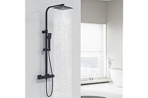 Acezanble Colonne de Douche Thermostatique,Système de douche thermostatique 38°C,Colonne de Douche Acier Inoxydable avec Mitigeur Salle de Bain,20x20CM Pommeau de Douche,Carré,Mitigeur Douche Noir