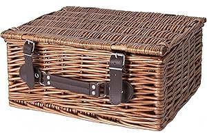 WICKERFIELD Traditional Premium Wicker Gift Basket With Lid Empty Picnic Hamper WIth Handle Shop Retail Display Basket (Brown, Medium)