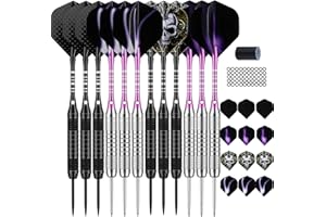 DARTSPACE 12 Pack Steel Tip Darts Set 22 24 Grams, Metal Tip Darts with Premium Black Blue Purple Darts Stem 24 Flights Extra 50 Rubber O-Rings 1 Dart Sharpener for Dart Board