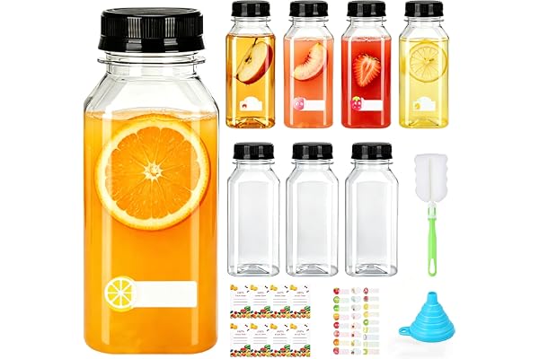 8 st saftflaskor plast 250 ml – flaskor för påfyllning i plast | Återanvändbar plastflaska med lock för juice, smoothie, juicer shots, vatten, mjölk