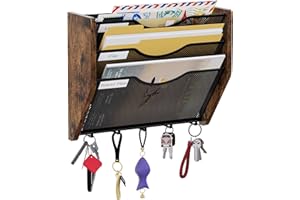 PAG-Mass 3 Tier Wall Hanging File Organiser With Hook,Metal Wooden Letter Rack A4 Paper Holder, Wall Mounted Document Storage Organizer For Office Home School,Brown