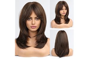 EMMOR Perücken für Frauen, lange mehrlagige Perücken mit Pony, hitzebeständige Kunstfaser-Perücke