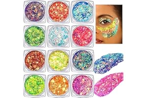 ‎CHARFIA Festival Glitzer Gesicht, 12 Stück Body Glitter Gel Chunky Sequin Face Body Glitter Festival Zubehör Accessoires Gadget, Haar Glitzer Festival Gesichtsglitzer Halloween Schminke Karneval Körperglitzer